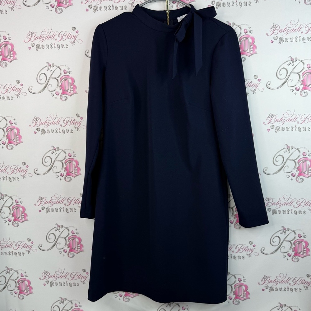 Calvin Klein dress ribbon bow tie up neck detail gold zipper Navy Midi Dress